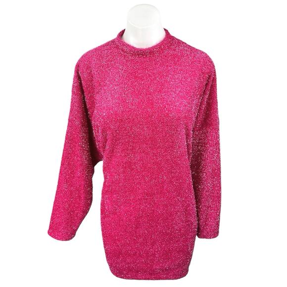 H&M Pink Sparkly Glitter Metallic Long Sleeve Cutout Mini Sweater Dress Size S - Picture 9 of 10